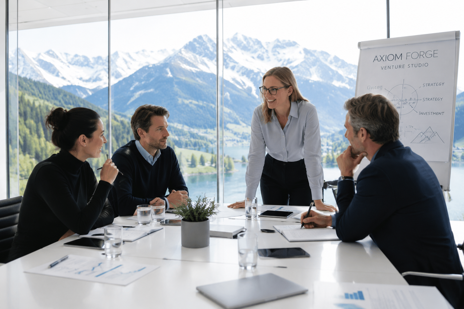 Axiom Forge strategy session in boardroom with Alpine view